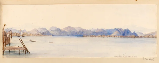 Borneo - Uitzicht op de rivier vanuit ons huis uit West-Indië, Noord-Amerika en Borneo plakboek, ca. 1845