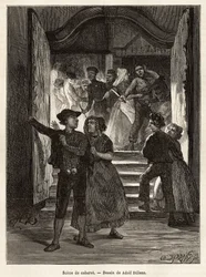 Een cabaretscène, een stel verlaat de scène, terwijl een man hen bedreigt met een mes, vastgehouden door twee vrouwen; terwijl een ander stel hen tegemoet treedt bij het betreden van het cabaret, gravure naar de tekening van Adolf Dillens, illustrerend een