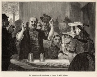 Een retracteur, in een herberg in Kruiningen, voert zijn nummer op voor aandachtige toeschouwers, gegraveerd naar de tekening van Adolf Dillens, illustrerend een reis naar Zeeland (Nederland), in 1873, door Charles de Coster, gepubliceerd in 