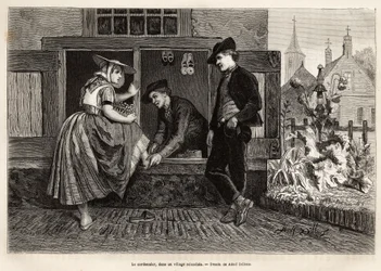 Een schoenmaker in een Zeeuws dorp, laat een jonge vrouw een schoen passen, vergezeld door een jonge man, gravure naar de tekening van Adolf Dillens, ter illustratie van een reis naar Zeeland (Nederland), in 1873, door Charles de Coster, gepubliceerd in 