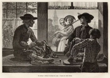 Een kleermaker en zijn leerling, werkend aan de rand van het raam om te genieten van het licht en het schouwspel van de voorbijgangers op straat, in Rilland (Zuid-Beveland), gravure naar de tekening van Adolf Dillens, ter illustratie van een reis naar Zela