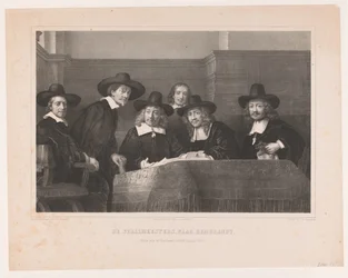 De Staalmeesters: het college van staalmeesters (waardijns) van het Amsterdamse lakenbereidersgilde (naar Rembrandt)