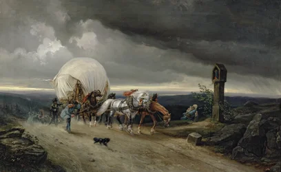 Paarden trekken karren een heuvel op