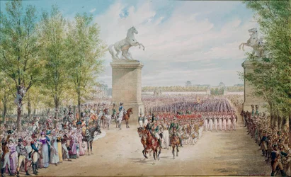 Tsaar Alexander I (1777-1825) trekt in 1814 met zijn leger de Champs-Élysées in Parijs op.