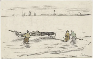 Drie in het water staande mannen halen een zeilboot naar de kant