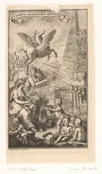 Allegorische voorstelling met schrijvende vrouw, bustes, Pegasus en Apollo