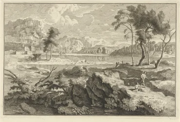 Arcadisch landschap met rotsen en rivier