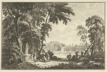 Arcadisch rivierlandschap met figuren die een beeld aanbidden