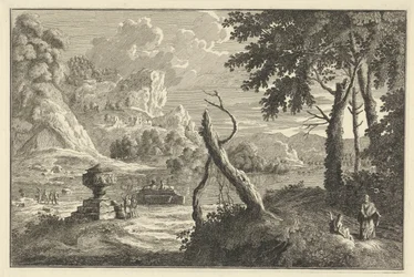 Arcadisch rivierlandschap met gebroken boom
