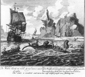 “De walvis keert en woelt terwijl men hem aan het lensen is” (nr. 6 uit de serie walvisvaart)