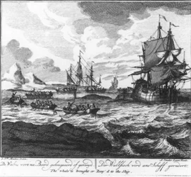 „De walvis wordt naar boord geboegeerd of geroeid.” (nr. 7 uit de serie walvisvaart)