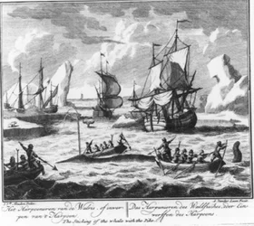 “Het harpoeneren van de walvis, of het werpen van de harpoen” (nr. 2 uit de serie walvisvaart)