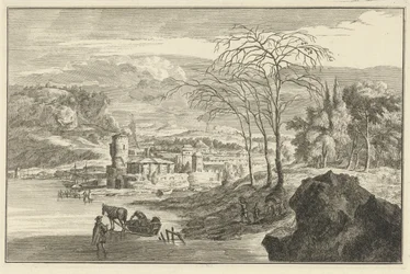 Winterlandschap met gezicht op een stad