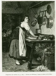Noodle voorbereiding. Gravure door Hildibrand, ter illustratie van het verhaal 