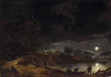 Duits: Volle maan boven dorp aan de rivier met brug en mensen in staf