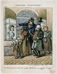 Boeren voor de wassen buste van een kapper. Uit: Volkstaferelen uit Leipzig
