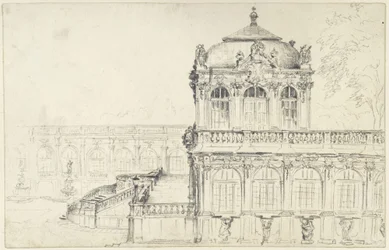Zicht op de smalle zijde van de Mathematisch-Fysische Salon en de oostelijke lange galerij in de Zwinger in Dresden