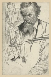 Borstbeeld van een man met snor, iets naar links voorovergebogen, links: een staande man naar links, rechts: mouwstudie