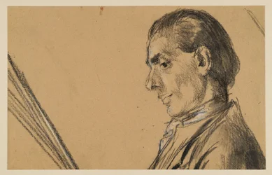 Busteportret van een jonge man met neergeslagen blik. Profiel naar links. Voorstudie voor het schilderij "Fluitconcert van Frederik de Grote in Sanssouci"