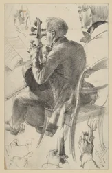 Cellist naar links, half van achteren gezien. Hoofd- en handstudies. Voorstudie voor het schilderij "Fluitconcert van Frederik de Grote in Sanssouci"
