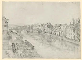 De Fulda in Kassel. Rivierlandschap met brug en huizen