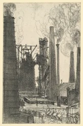 Fabrieksplein met rokende schoorstenen (Königshütte?)