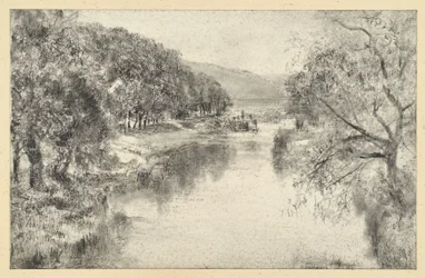 Rivierlandschap met laan