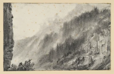 Berglandschap met golvende mist, links een torenhoge rotswand