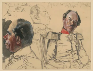 Generaal van de infanterie Eduard von Peucker, 1. Hoofdstudie, profiel naar links, 2. Borstbeeld iets naar rechts, blik naar links, daartussen een hoofdstudie, profiel naar rechts, schetsen voor „De kroning van Wilhelm I in Königsberg“