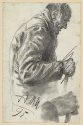 Halffiguur van een oude man met een stok, waarvan de rechterhand verworpen en eronder herhaald is