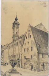 De Heiliggeistkirche met het voormalige vrouwengebouw van het ziekenhuis in de Kaufinger Straße in München