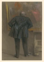 Een man staat voorovergebogen voor een schilderij, gezien van achteren