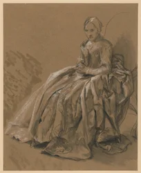 Hofdame zittend naar links gericht. Studiemodel voor het schilderij "Fluitconcert van Frederik de Grote in Sanssouci"