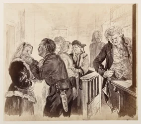 In de rechtszaal na Adams vlucht. De gerechtsraad kijkt op de klok. Eva en Ruprecht verzoenen zich, bij De gebroken kruik van Heinrich von Kleist