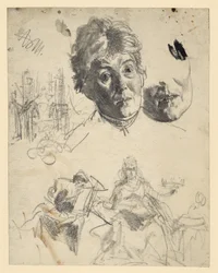 Hoofd van een oudere vrouw, waarbij het kin-gedeelte herhaald wordt, architectonische schets, figuratieve schets voor een allegorie