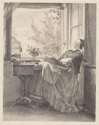 Slapende naaister bij het raam (Emilia, Menzels zuster, later mevrouw Krigar).