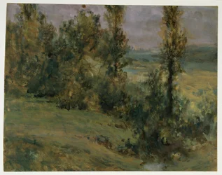 Landschap met loofbomen bij sombere lucht