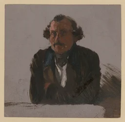 Mannelijke borstbeeld met gekruiste armen, leunend, en face