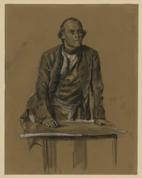 Modelstudie van prins Heinrich van Pruisen, half figuur in vooraanzicht, voorovergebogen over een tafel, „Uit de tijd van koning Frederik. Helden van oorlog en vrede”, 1856 (zie Bock 1071)