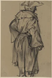 Officier met jas en hoed, met stok in de rechterhand, in driekwart achteraanzicht naar rechts. (Houdingsstudie van Moritz von Anhalt-Dessau)