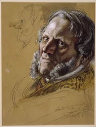 Staatsminister von Patow, borstbeeld, 3/4 en face, links: hoofd in profiel naar links, portretstudie voor „De kroning van Wilhelm I in Königsberg“