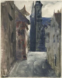 De straat en de Sint-Sebalduskerk in Neurenberg