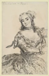 Danseres Barbarina in dansende beweging. Portret tot de knieën en face. Kopie naar Pesne in Sanssouci.