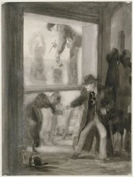 Schilderen op transparanten in de academie, op de voorgrond een heer met vilthoed die een gebogen vrouwelijke figuur de hand reikt