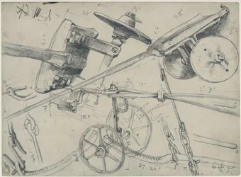 Transportwagen met details en afmetingen. Studie voor ‘De ijzerwalserij. Moderne cyclopen’