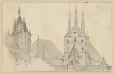 Torens en daken van de dom en Sint-Severin in Erfurt