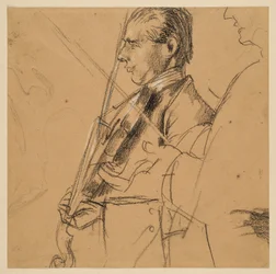 Vioolspeler. Halffiguur. Profiel naar links. Profielschets rechts. Voorstudie voor het schilderij "Fluitconcert van Frederik de Grote in Sanssouci"