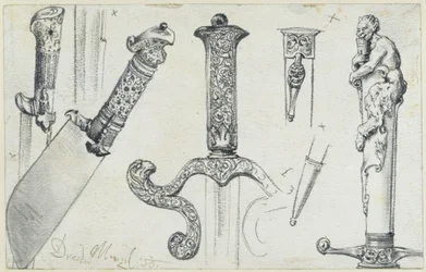 Weidmes uit het einde van de 16e eeuw, jachtzwaard uit de eerste helft van de 17e eeuw en de „Permoser“-hertenmes uit het begin van de 18e eeuw, Historisch Museum, Dresden