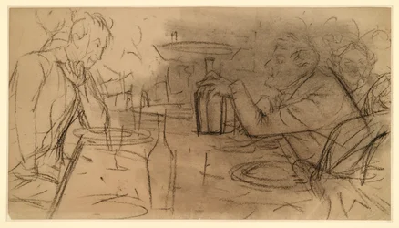 Twee heren die tegenover elkaar aan een tafel in een café zitten en een gesprek voeren