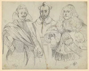 Twee hoogwaardigheidsbekleders uit 1620 en 1660, met in het midden een kardinaal. Natekekeningen van historische voorstellingen